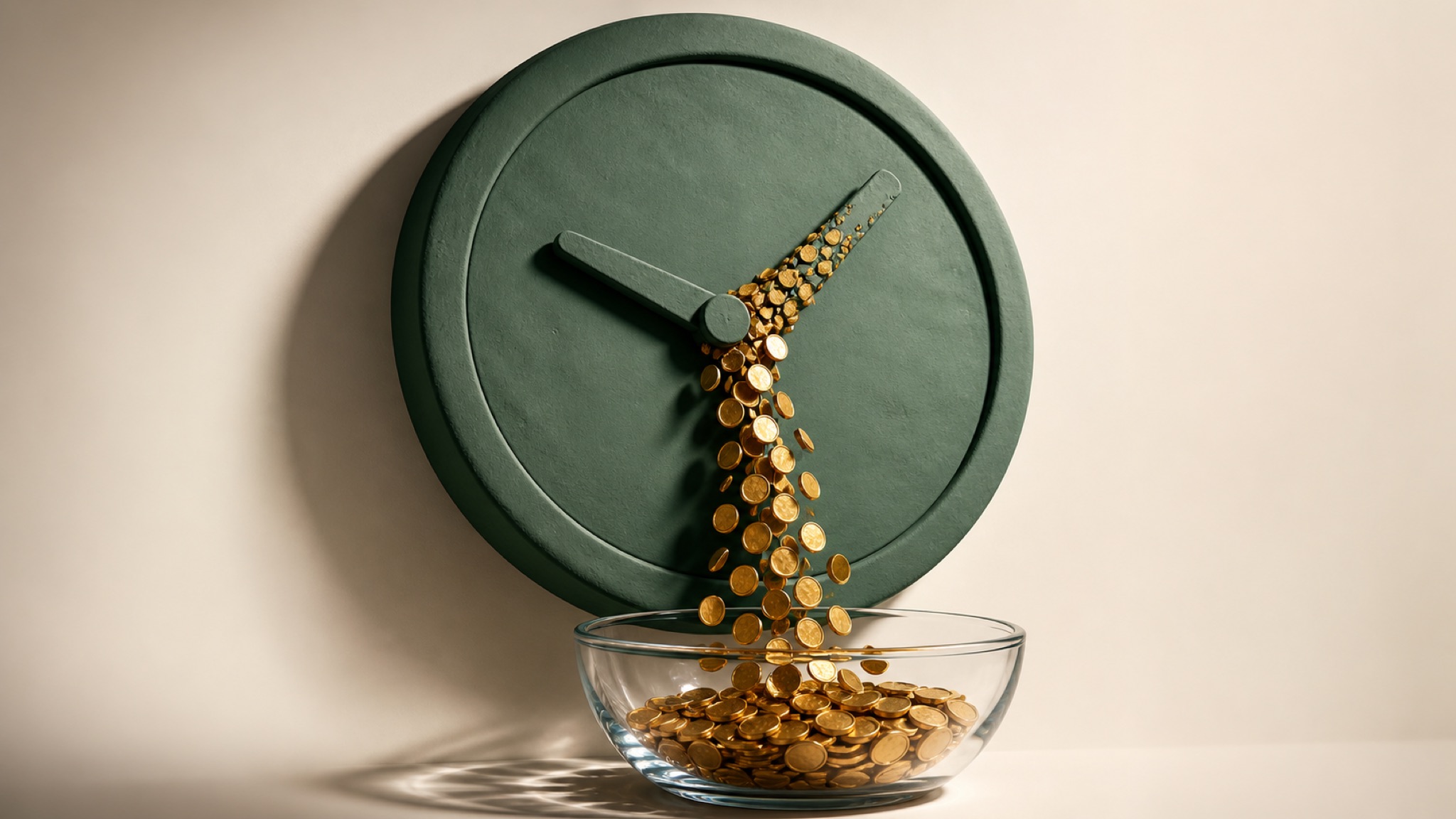 Clay-Wanduhr, deren Zeiger sich in fallende Goldmünzen auflöst, die in einer Glasschale landen