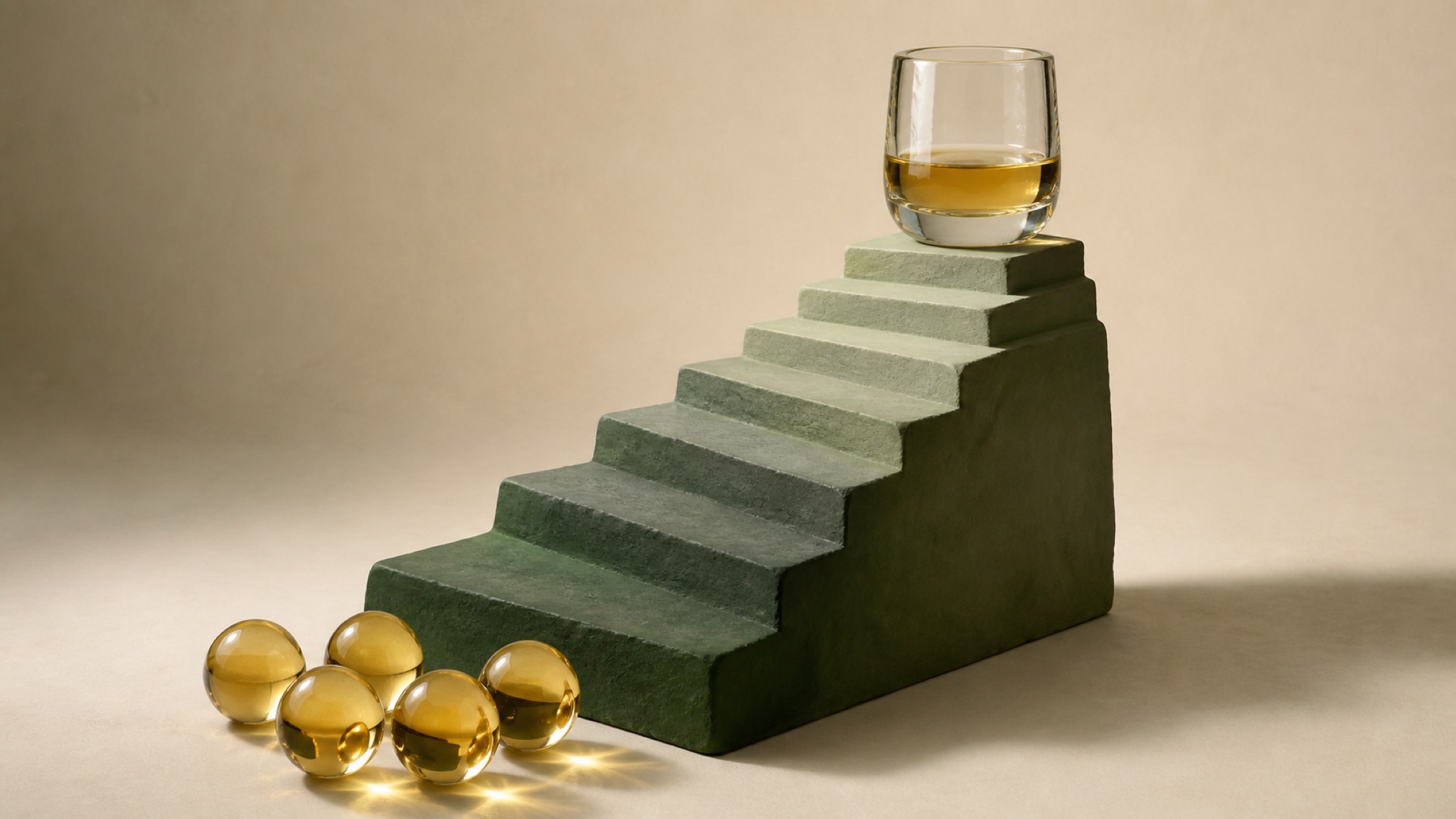 Treppe aus mattem Ton mit nach oben flacher werdenden Stufen, oben ein nur teilweise gefülltes Glasgefäß mit goldener Flüssigkeit